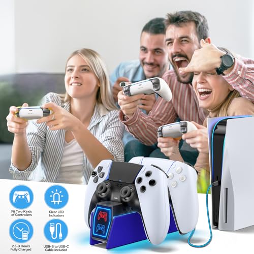 Controller Charger Station Compatible with Play 5 Faceplates Edge & Dual Controller, 9 Lightings P 5 Accessories Charging Station, P 5 Dock Stand with LED Indicator & On-Off Switch, Cobalt Blue for PlayStation Consoles - color: Cobalt Blue