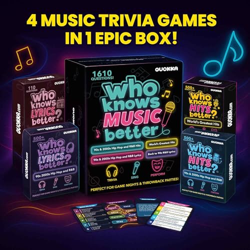 Quokka Party Games for Adults and Families - Ultimate Trivia Music Games | Who Knows Music Better? 1610 Music Game Questions – 4 Pack Box – Singing, Karaoke, Fun Music Challenge for 90s and 2000s Fans - color: Music Set