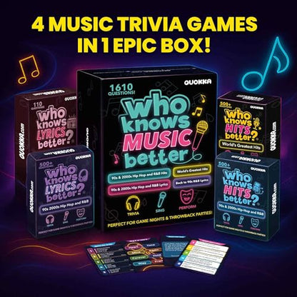 Quokka Party Games for Adults and Families - Ultimate Trivia Music Games | Who Knows Music Better? 1610 Music Game Questions – 4 Pack Box – Singing, Karaoke, Fun Music Challenge for 90s and 2000s Fans - color: Music Set