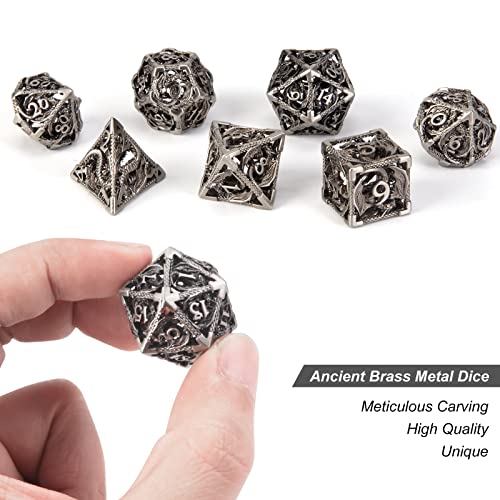 DND Dice,Hollow D&D Metal Dice,Dungeons and Dragons Dice Set with Gift Box,7 PCs Steampunk Polyhedral Dice Games Set for RPG,MTG,Pathfinder,(Dragon Ancient Silver) - color: Dragon Ancient Silver