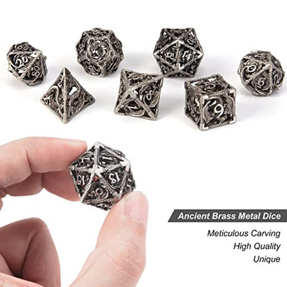 DND Dice,Hollow D&D Metal Dice,Dungeons and Dragons Dice Set with Gift Box,7 PCs Steampunk Polyhedral Dice Games Set for RPG,MTG,Pathfinder,(Dragon Ancient Silver) - color: Dragon Ancient Silver