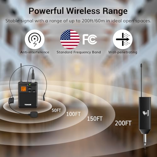 TONOR UHF Wireless Microphone System with Headset Lavalier Lapel Mic, Bodypack Transmitter, Rechargeable Receiver, 15 Channels 60 m/200ft Range 1/4" Output for Recording, 1 Bodypack Mic
