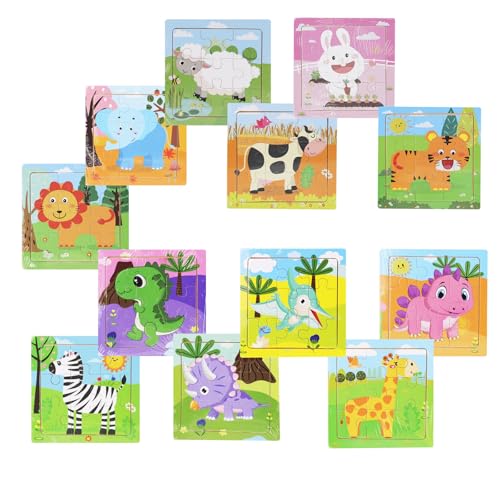 12 Pack Mini Wooden Animal Puzzles for Kids 3+ - 9-Piece Toddler Educational Travel Toys | Cute Farm & Wild Animal Party Favors | Preschool Learning Gift Set for Boys & Girls