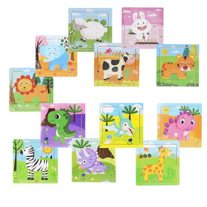12 Pack Mini Wooden Animal Puzzles for Kids 3+ - 9-Piece Toddler Educational Travel Toys | Cute Farm & Wild Animal Party Favors | Preschool Learning Gift Set for Boys & Girls