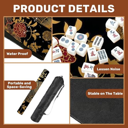 Mahjong Mat 31.5" x 31.5" Fan Flower Unbrella Japanese Chinese Seamless Design Gold Black Non-Slip Noise Reduction Mahjong Tiles Table Cover for Dominoes Poker Card Board and Tile Games - color: Color2