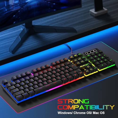 BlueFinger Gaming Keyboard USB Wired Full Size Keyboards, Rainbow Backlit Light Up Keyboard with Multimedia Keys, Quiet Typing for Windows PC Laptop