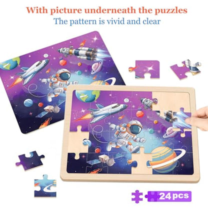 Puzzles for Kids Ages 4-6, 24 Pcs Wooden Farm, Animals, Space, and Emergency Vehicle Jigsaw Puzzles for Kids Ages 3-5, Preschool Educational Puzzles Boards Toys Gifts for 3 4 5 6 Boys Girls - color: Farm, Animals, Space, Emergency Vehicle
