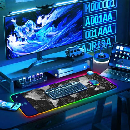 ToLuLu RGB Gaming Wireless Charging Mouse Pad, 5/7.5/10/15W LED Mouse Pad | 10 Light Modes Computer Keyboard Mat Mousepad, 800x300x4MM Extended Large Desk Mat for Gaming, MacBook, Laptop, PC, World Map - color: World Map