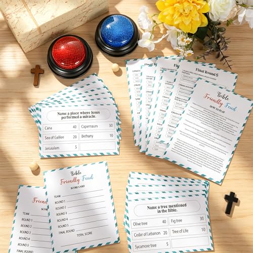 Christian Bible Friendly Feud Game with 2 Buzzers Religious Trivia Quiz Card Board Game Night Church Group Fun Bible Trivia Games for Adults Family Holiday Party Office Class Team Building Activity