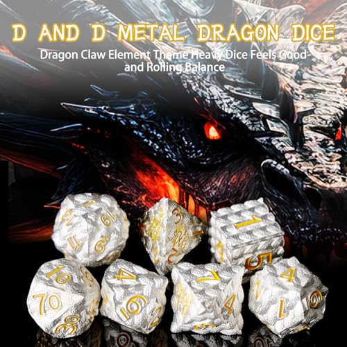 Dragon Scales Metal Dice Set with Intricate Dragon Claw Engravings - Gift Metal Box for D&D, MTG, RPG Tabletop Games（White） - color: White Dragon Scale (Dragon Claw)