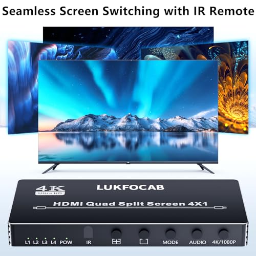 HDMI Multi-Viewer 4X1, Seamless Switcher 4 in 1 Out, Quad Multi Viewer Switcher with IR Remote, Supports 4K 30Hz, 5 Display Modes for Security Camera, Gaming Consoles
