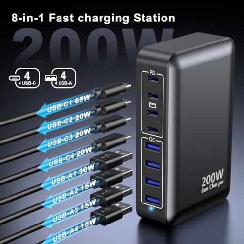 USB C Charger 200W Charger Block, 8-Ports Gan Fast Charging Station Hub, PD 65W Laptop Charging Adapter Compatible with MacBook Pro/Air, DELL, Steam Deck, iPhone 17/16/15/14, Galaxy - color: Black