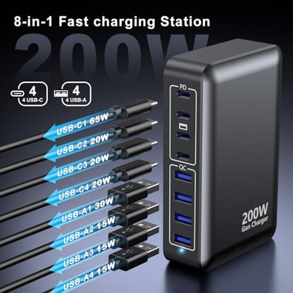 USB C Charger 200W Charger Block, 8-Ports Gan Fast Charging Station Hub, PD 65W Laptop Charging Adapter Compatible with MacBook Pro/Air, DELL, Steam Deck, iPhone 17/16/15/14, Galaxy - color: Black