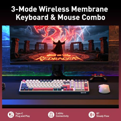 Redragon S174 Gaming Keyboard and Mouse Wireless with Tri-Mode, RGB Keyboard and 5000 DPI 61G Ultra-Light Gaming Mouse, Computer Keyboard Creamy Cute with Number Pad BT/2.4GHz/USB-C - Beige - color: Beige