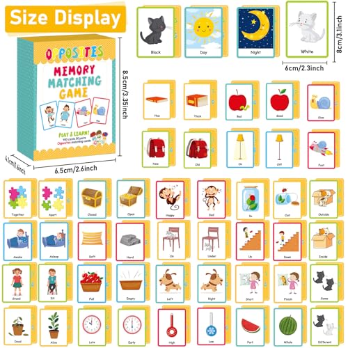 gisgfim 100 PCS Opposites Memory Matching Game Sight Words Concentration Memory Card Educational Game for Kids Preschool Learning Educational Ages 3-8 A Fun & Fast Gift Activities Matching Games - style: Opposites