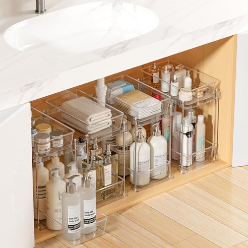 Vtopmart 4 Pack Taller Pull Out Bathroom Under Sink Organizer (S-Higher) | Slide-out drawers, Multi-purpose storage, Clear visibility, Easy Set-up - color: Transparent, size: S-Higher (4 Pack)