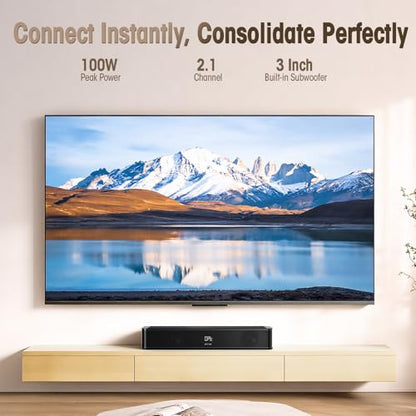 BESTISAN 2.1ch Sound Bar with Built-in Subwoofer, 100W Peak Power, HDMI ARC/Opt/AUX/USB/Bluetooth 5.3, 3 EQ Modes & Volume Boost, 16.5" All-in-One for TV/PC/Gaming/Projector - size: 16.5 inch