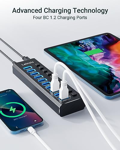 Powered USB Hub 3.0, Leinsis 10-Port USB 3.0 Hub [Durable Aluminum] 10 Data Transfer Ports+ 4 Smart Charging Ports with Individual On/Off Switches, USB Hub 3.0 Powered with Power Adapter for Laptop PC - size: 10-Port USB 3.0 Hub