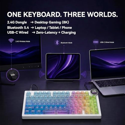 AK820 V2 PRO 75% Compact Mechanical Keyboard, 81 Keys, Tri-Mode (2.4G/Bluetooth/Wired), 8K Polling Rate, 10000mAh Battery, TFT Display Knob, Gasket Mount, Hot-Swappable, RGB Backlit, Crystal Prism - color: Crystal Prism