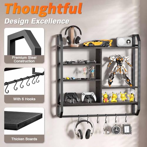 34" 6-Tier Adjustable Gaming Shelf, Wall Mount Floating Console Storage with LED Lights, Hanging Rod and 6 S-Hooks for PS5 Xbox Bedroom Display, Black
