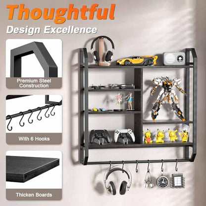 34" 6-Tier Adjustable Gaming Shelf, Wall Mount Floating Console Storage with LED Lights, Hanging Rod and 6 S-Hooks for PS5 Xbox Bedroom Display, Black