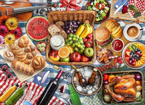 1000 Piece Jigsaw Puzzle for Adults, Spring Picnic Food Puzzle | Colorful Picnic and Gourmet Feast Puzzle with Fruits, Bread, Drinks and More, Challenging Family Activity, 26.65 x 19.25 in - color: Plentiful Picnic