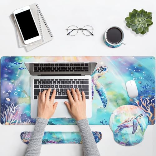 Arttown Keyboard Mouse Pad Set, 4 in 1 Desk Mat Set Sea Turtle | Sea World Animal Large Mousepad+Keyboard Wrist Rest+Mouse Wrist Rest+Coaster Ergonomic Design for Home Office Computer - color: Sea Turtle