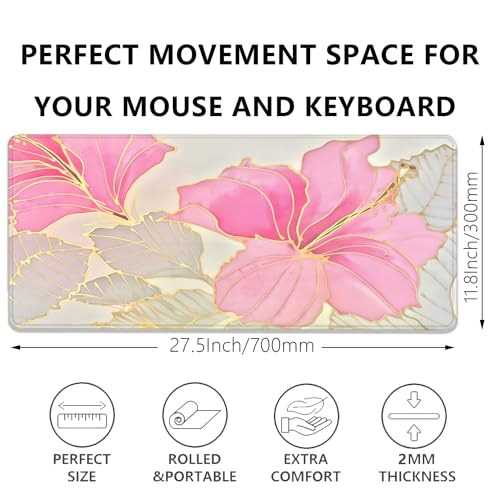 Abstract Floral Mouse Pad Desk Mat,Pink and Gold Extended Gaming Mouse Pad with Stitched Edges,Non-Slip Waterproof Rubber Base for Office,Computer,Keyboard,Laptop and Home Desk Pad(27.5X11.8 in) - color: Abstract Flower Pink and Gold