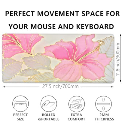 Abstract Floral Mouse Pad Desk Mat,Pink and Gold Extended Gaming Mouse Pad with Stitched Edges,Non-Slip Waterproof Rubber Base for Office,Computer,Keyboard,Laptop and Home Desk Pad(27.5X11.8 in) - color: Abstract Flower Pink and Gold
