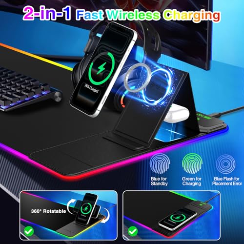 XL RGB Gaming Mousepad, 25 Lighting Effects, 15W Fast Charging, Phone Stand | 31.5"x11.8" Extended Keyboard Mat Pad with Stitched Edges, Ultra-Smooth Waterproof Surface, Non-Slip Base - color: RGB-Magnetic Stand-31.5"x11.8"-Right