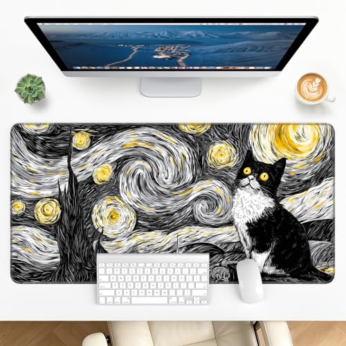 Large Gaming Mouse Pad, XL Desk Protector, Non-Slip Base | 31.5x15.7 in Extended Desk Mat with Stitched Edges for Keyboard, Work, Game, Office, Home PC and Laptop - color: Starry Kitty