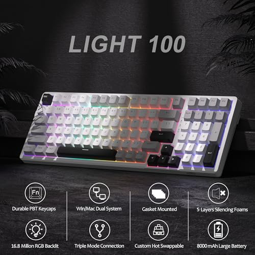 MageGee LIGHT100 Wireless Creamy Keyboard, Gasket Structure Hot Swappable, Tri-Mode 2.4G/USB-C/BT5.0 RGB Backlit Mechanical Gaming Keyboard for Win/Mac/PC, PBT Keycap, 4000mAh Battery, Grey - color: Grey Black/Blue Whale Switch