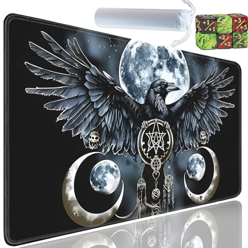 Playmat for MTG, 24x14 Inches Playmats, for TCG and CCG Trading Card Game Mat, Non-Slip Rubber for MTG Playmats with A Storage Bag and 6 Dice Set, Crows Sinister Wings Black - color: Yu-Playmat-1-A18