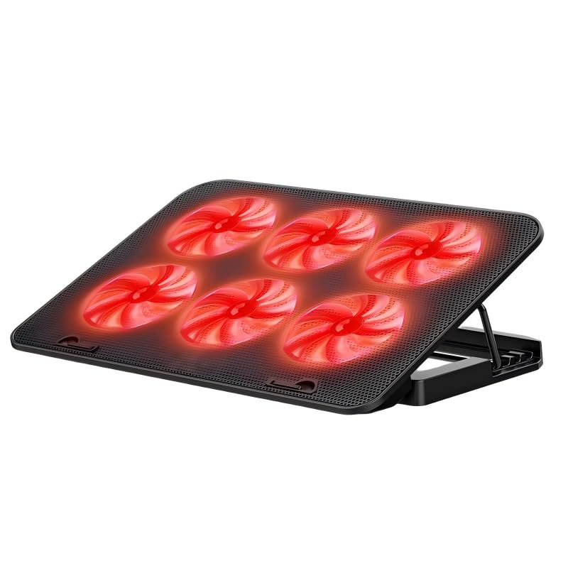 Laptop Cooling Pad 6 Fans RGB LED Adjustable Stand 12-17" Gaming | 6 fans 2400 RPM, RGB lights, adjustable speed, phone holder, metal mesh, dual USB, fits 12-17", 35-70 CFM cooling power - color: Dazzling Red Premium Edition (with speed control,