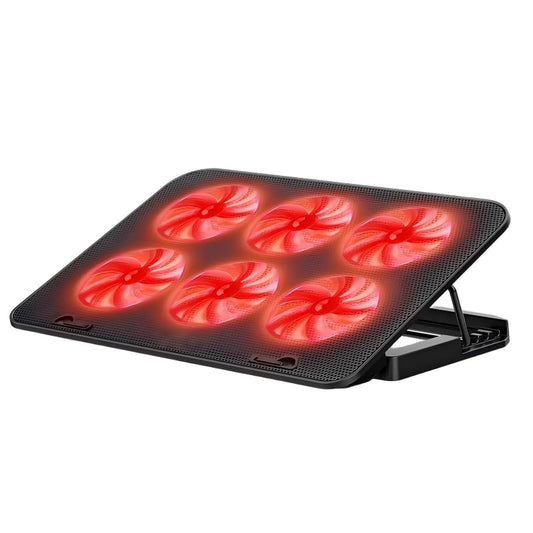 Laptop Cooling Pad 6 Fans RGB LED Adjustable Stand 12-17" Gaming | 6 fans 2400 RPM, RGB lights, adjustable speed, phone holder, metal mesh, dual USB, fits 12-17", 35-70 CFM cooling power - color: Dazzling Red Premium Edition (with speed control,