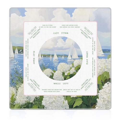 Coastal Hydrangea Floral Mahjong Mat 31.5"x31.5", Summer Seaside Sailboats Flower Non-Slip Noise Reduction Gaming Mat for American Mahjong Poker Card Board Games Dominoes - color: Seashore Hydrangea