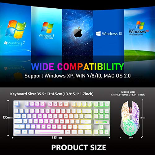 Wireless Membrane Gaming Keyboard and Mouse Set with 87Key Tenkeyless-White | Rainbow LED Backlight,Rechargeable 3800mAh Battery,Anti-ghosting,Ergonomic,Waterproof,RGB Mute Mice for Computer PC Mac Gamer - color: White