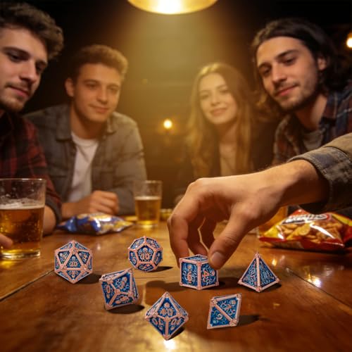 Metal Dice Set, Octopus Pattern, 7pcs Polyhedral Metal DND Dice Set, DND Starter Set, D&D Gifts with Gift Box, Role Playing Board Games Accessories, Red Copper Border Blue - color: Blue With Gift Box