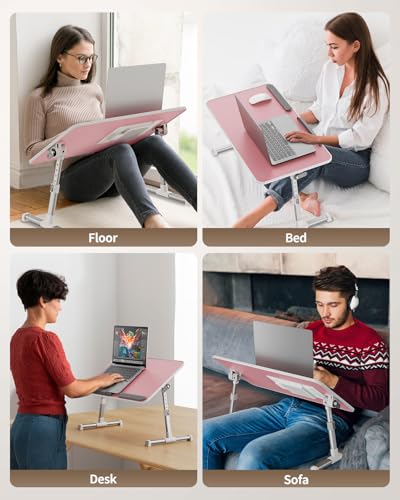 Laptop Desk for Bed with Cooling Fan, Height & Angle Laptop Stand | SAIJI Lap Desk Tray Table, Adjustable Lightweight Foldable Portable Computer Table - color: Pink