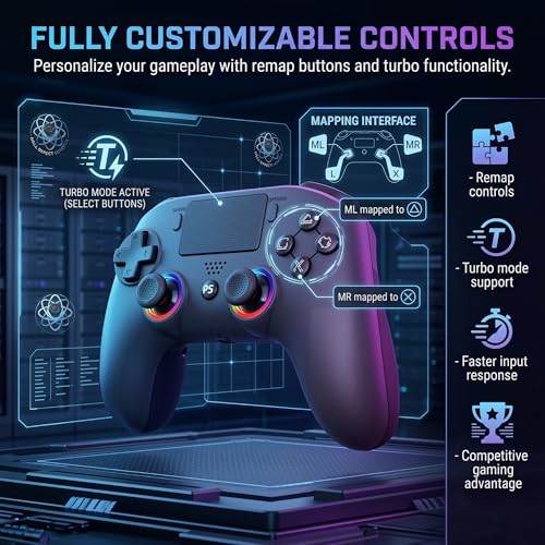 SYRIXAS Wireless Controller Compatible with PS5, Hall Effect Joysticks, RGB Light Bar, Dual Vibration, Motion Sensor, Turbo Function, Bluetooth Gamepad for PS5, PC iOS Android with Audio Jack and Remap Buttons