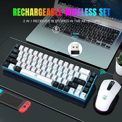 Snpurdiri 60% Wireless Gaming Keyboard and Mouse Combo,Ice Blue Backlit Rechargeable 2000mAh Battery,Mini Mechanical Feel Anti-ghosting Keyboard + Popular RGB Mice for Gaming, Office(White-Black) - color: White Black Combo