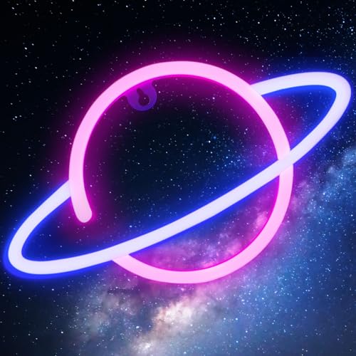 Planet Neon Sign for Wall Decor, Outer Space Night Light | USB or Battery Operated, Pink/Blue Planet Led Lighted Sign, for Bedroom, Gaming Room, Party Time, Kids Gifts