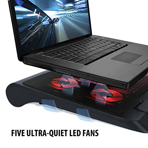 ENHANCE Gaming Laptop Cooling Pad Stand with LED Cooler Fans , Adjustable Height , & Dual USB Port for 17 inch Laptops - 5 Ultra Quiet High Performance Fans 2630 RPM & Built-In Bumpers - Red - color: Red