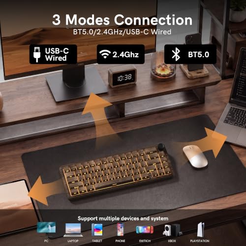womier L65 60% Brown Mechanical Keyboard with Knob,4000mAh,Tri Mode USB-C/BT5.0/2.4G,RGB Backlit,Hot Swap,Linear Switch,Gasket Mounted Wireless Gaming Keyboard for PC/Mac,Wood Pattern Theme - color: Wood Pattern theme