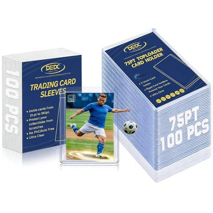 DEDC 75pt Toploads and Penny Sleeves Bundle - 100 Rigid Hard Sleeves & 3" x 4" Acid-Free Soft Card Sleeves for Thick Sports Cards and Memorabilia - Ultra Clear UV Protection Archival Storage - size: 75pt