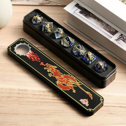 DNDND Sharp Edge D&D Dice Set - 7-Piece Swirl Resin with Golden Ring Inside with Gift Case for DMS & Players - Blue - color: Ring Blue