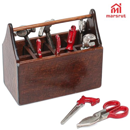 Miniature Tool Box Dollhouse 1/12 Scale Kit Set, 8Pcs Metal Working Tools with Mini Wood Toolbox, Doll Garage Accessories, Tiny Model for House Building, Garden Outdoor Repair, Rustic Farm Crafts