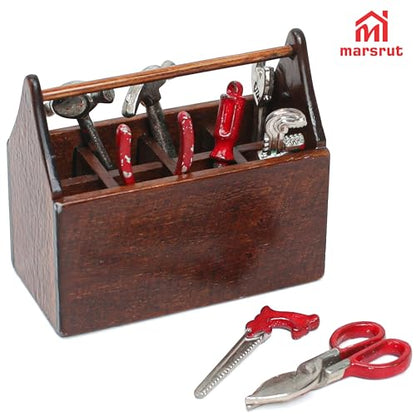 Miniature Tool Box Dollhouse 1/12 Scale Kit Set, 8Pcs Metal Working Tools with Mini Wood Toolbox, Doll Garage Accessories, Tiny Model for House Building, Garden Outdoor Repair, Rustic Farm Crafts
