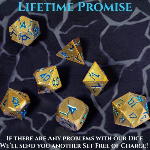 Metal Dice for DND - Ancient Cracked Pharaoh Ruins - Gold Blue Cracks | Beautiful 7pc Polyhedral Dice Set, Smooth Rolling, Role Playing Games (RPG), Compatible with D&D, for Dungeons and Dragons - color: Gold and Blue Cracks
