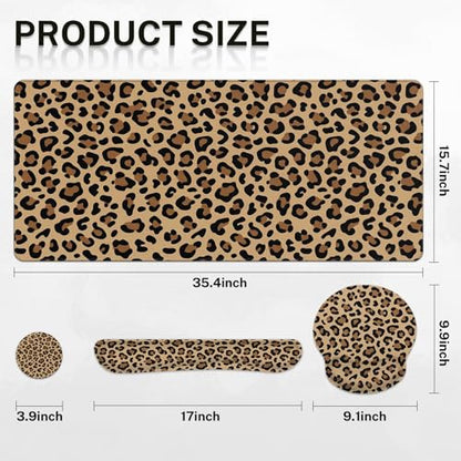 Arttown Keyboard Mouse Pad Set, 4 in 1 Desk Mat Set Leopard Cheetah | Animal Brown Black Large Mousepad+Keyboard Wrist Rest+Mouse Wrist Rest+Coaster Ergonomic Design for Home Office Computer - color: Leopard Print 1